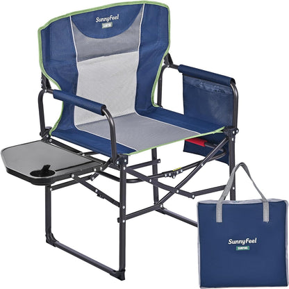 SUNNYFEEL Oversized Camping Chair Portable Directors Chairs with Side Table Heavy Duty Folding Lawn Chair for Adults 300LBS with Compact Size, Breathable Mesh, Pocket & Carry Bag for Outdoor, Lawn, RV