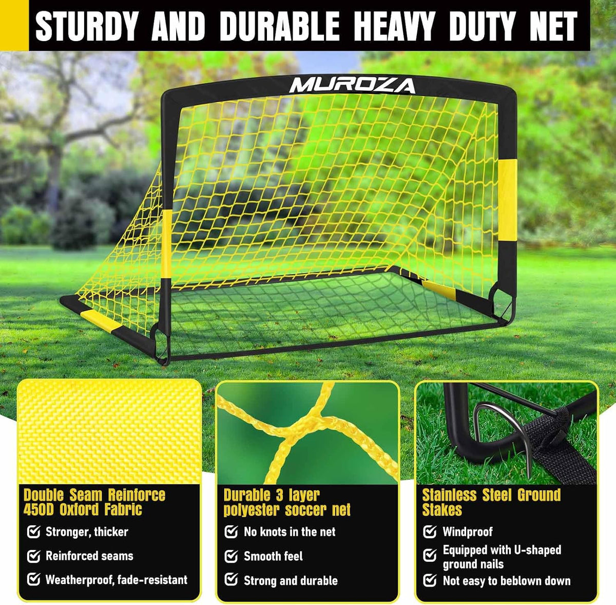 MUROZA Kids Soccer Goal Set, 2 Pack 4 x 3 Ft Portable Pop-Up Soccer Nets with Size 3 Ball, Pump, Cones, Stakes & Carrying Bag