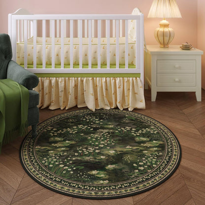 Rugcomf Round Area Rug 8ft Washable Vintage Impressionist-Style, Green Non Slip Low Pile Polyester Floral Soft Circle Carpet for Bedroom Bedside Office College Dorm Classroom Playroom Kid Bathroom