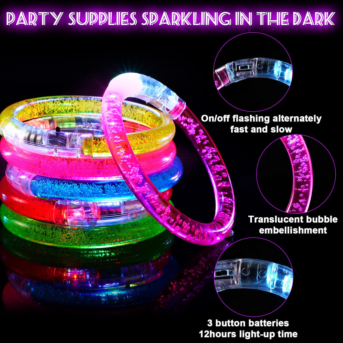 Mikulala Glow in the Dark LED Party Bracelets, 36-Pack Light-Up Party Favors with Flashing Lights, Multicolor Glow Sticks for Kids & Adults, Birthday, Halloween & Carnival