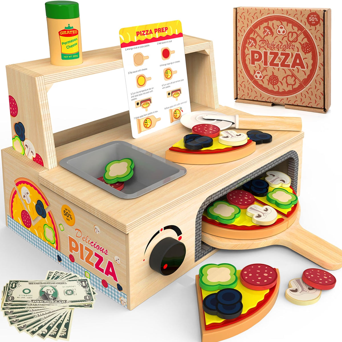 WOODMAM Wooden Pizza Toy, 48-Piece Montessori Pretend Play Food Set with Rotating Pizza Counter & Oven, Play Money & Menu for Kids Ages 3+, Multicolor