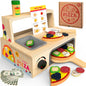 WOODMAM Wooden Pizza Toy, 48-Piece Montessori Pretend Play Food Set with Rotating Pizza Counter & Oven, Play Money & Menu for Kids Ages 3+, Multicolor