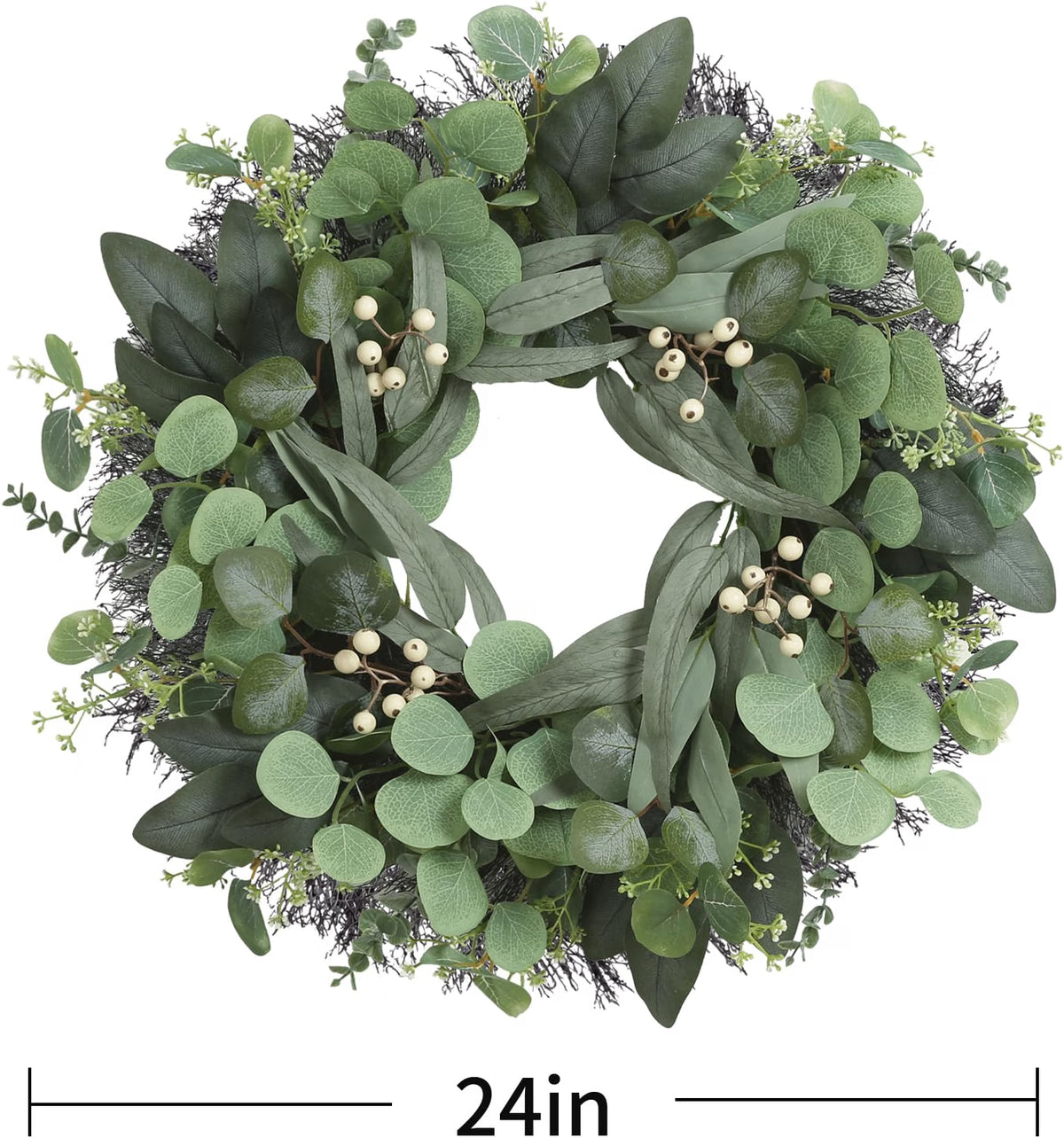 HyperionFlo Essentials 24-Inch Artificial Eucalyptus Wreath for Front Door, Greenery with White Berries, Fall & Year-Round Home Decor