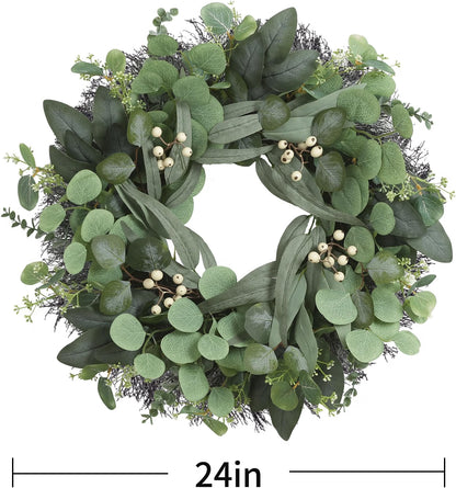 HyperionFlo Essentials 24-Inch Artificial Eucalyptus Wreath for Front Door, Greenery with White Berries, Fall & Year-Round Home Decor