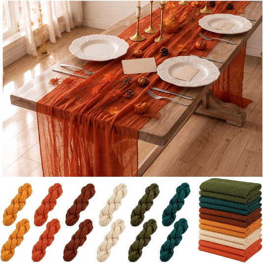 12 Pack Fall Thanksgiving Cheesecloth Table Runner 35" x 72" Autumn Table Runner for Baby Bridal Shower Friendsgiving Party Home Centerpiece Decor, 6 Color