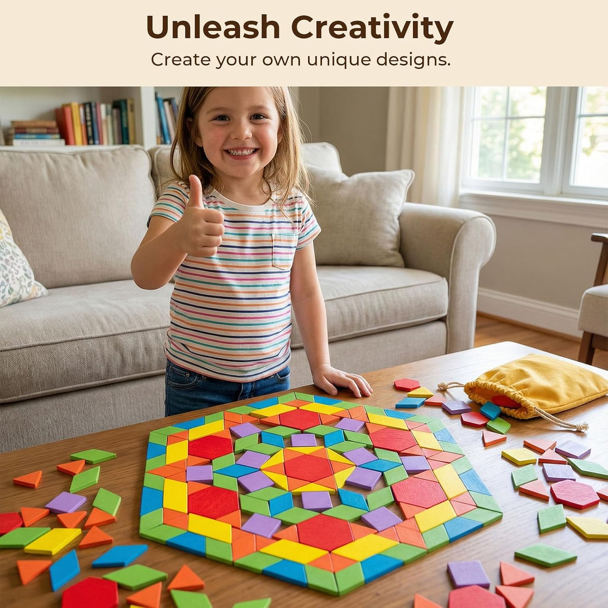 LovesTown 209 PCS Wooden Pattern Blocks for Kids, Geometric Shapes with 24 Activity Cards & Storage Bag, Educational STEM Tangram Puzzle Set