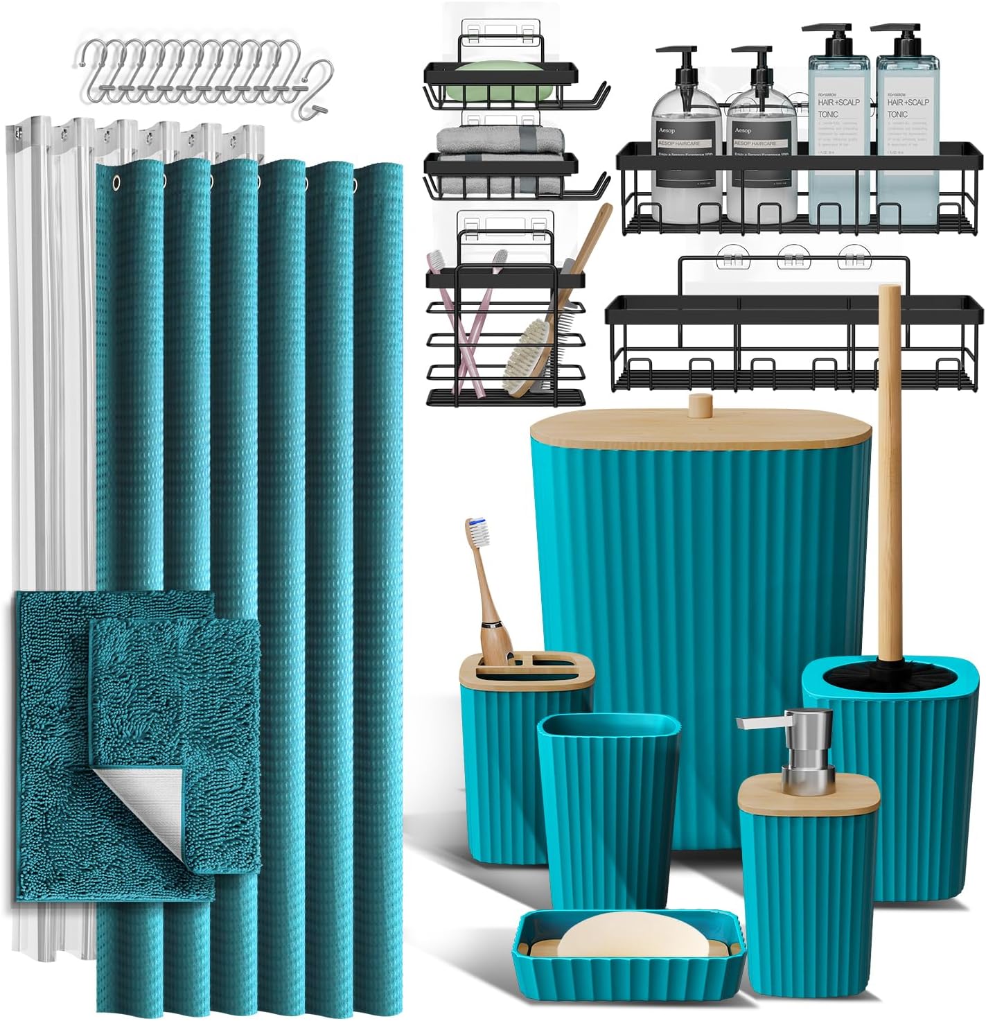 Clara Clark Black Bathroom Set, Shower Curtain Set, Bathroom Accessory Set