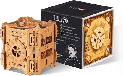 PUZZLE POTATO Tesla Box, Self-Powered Electronic Wooden Puzzle Box, 5/5 Difficulty Escape Room Brain Teaser with 256 Parts & 38 Magnets, Resettable Puzzle for Adults 14+