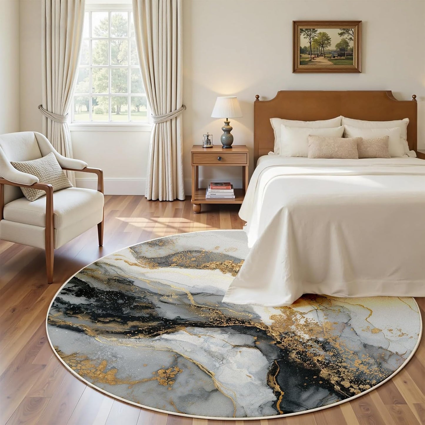 Black Gray Gold Abstract Modern Marble Art Deco Round Rug 10Ft, Washable