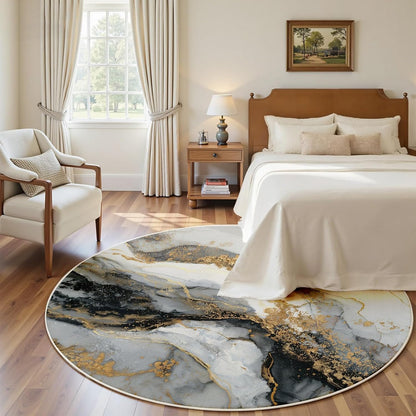 Black Gray Gold Abstract Modern Marble Art Deco Round Rug 10Ft, Washable