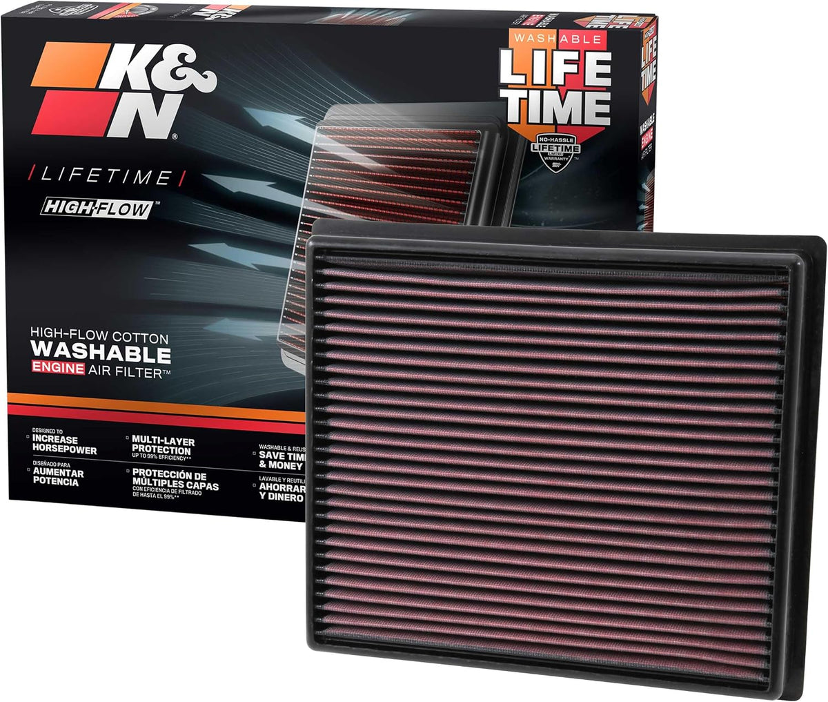 K&N High-Flow Original Lifetime Engine Air Filter: Increase Power: Premium, Washable: Compatible with 2014-2024 TOYOTA: Tacoma, Tundra, Sequoia, 33-5017