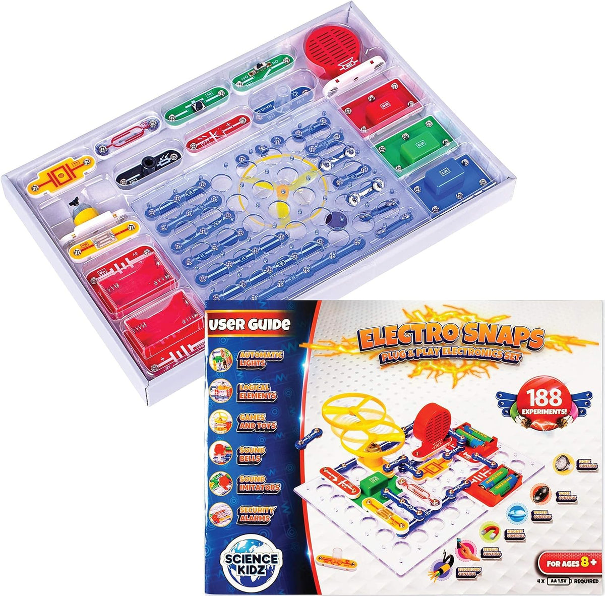 Science Kidz Electronics Kit, 188 Science Experiments for Kids, Snap-Together Circuit Projects, STEM Science Kit with Color User Manual, Physics Learning Toy