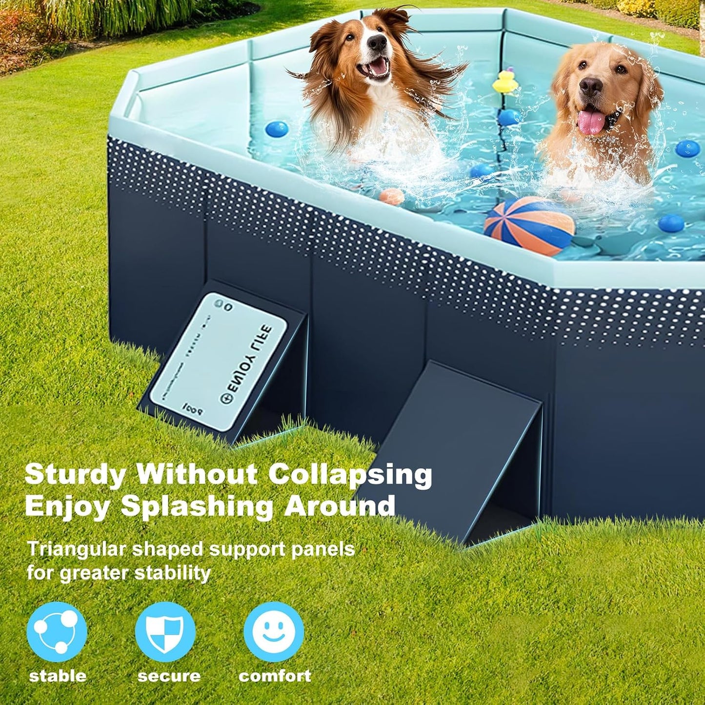 Large Foldable Swimming Kiddie Pool 83" x 55" x 22", Hard Plastic Rectangular Pool for Kids and Dogs, Reinforced Sidewalls, Portable Non-Inflatable Pool with Drain Hole for Backyard and Outdoor Use, Blue