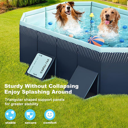 Large Foldable Swimming Kiddie Pool 83" x 55" x 22", Hard Plastic Rectangular Pool for Kids and Dogs, Reinforced Sidewalls, Portable Non-Inflatable Pool with Drain Hole for Backyard and Outdoor Use, Blue