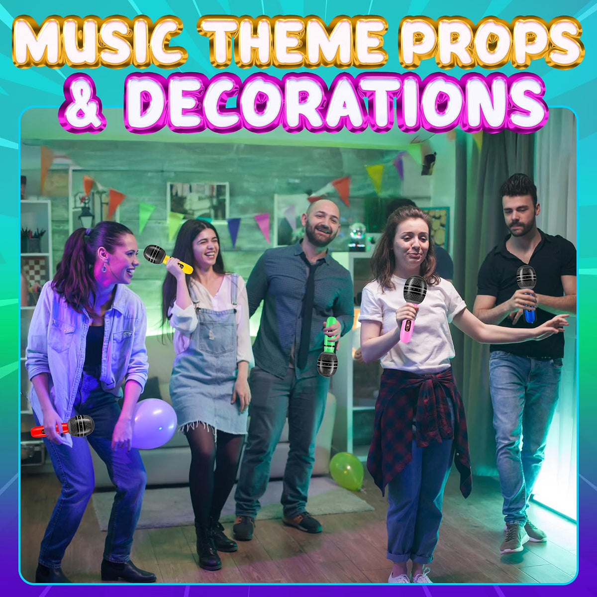 Bedwina Inflatable Microphones, 12-Pack 10-Inch Neon Karaoke Party Favors, Blow-Up Music Props for Kids & Adults, Photo Booth Decorations & Party Supplies