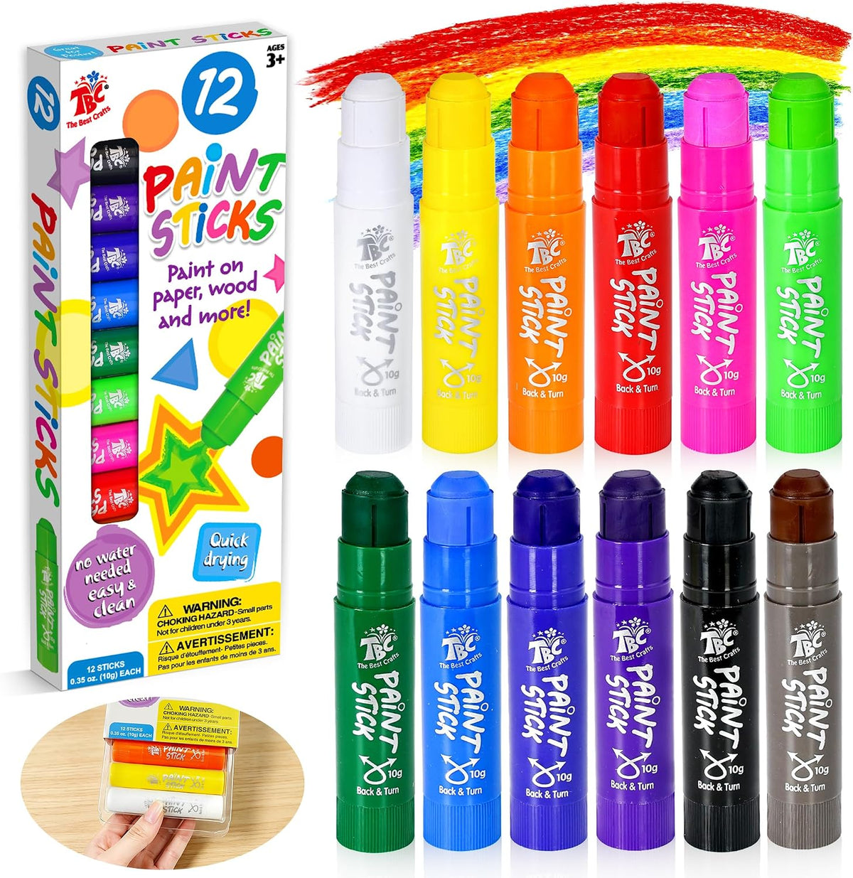 TBC The Best Crafts Paint Sticks for Kids Ages 2-8, 12 Classic Colors, Washable Non-Toxic Tempera Paint Sticks, Fast-Drying Art Supplies for Paper & Wood