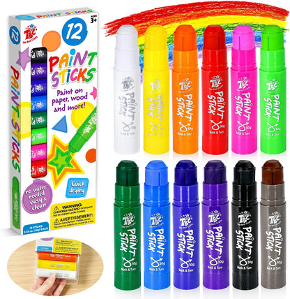 TBC The Best Crafts Paint Sticks for Kids Ages 2-8, 12 Classic Colors, Washable Non-Toxic Tempera Paint Sticks, Fast-Drying Art Supplies for Paper & Wood