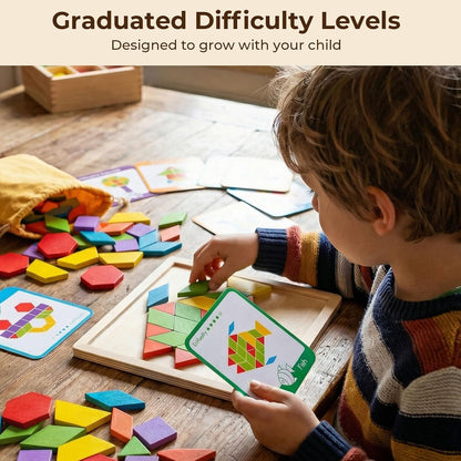 LovesTown 209 PCS Wooden Pattern Blocks for Kids, Geometric Shapes with 24 Activity Cards & Storage Bag, Educational STEM Tangram Puzzle Set