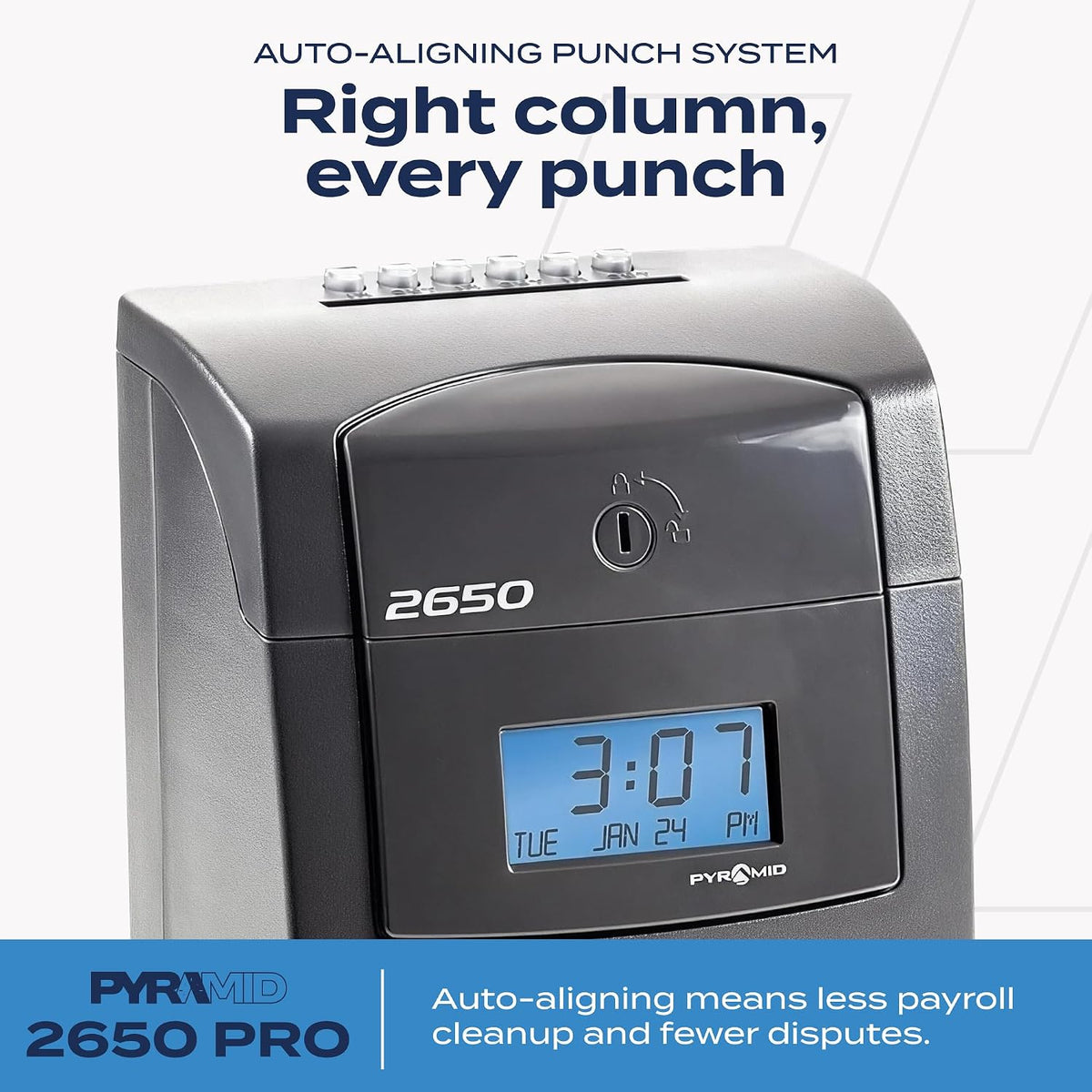 Pyramid Time Systems 2650 Auto-Aligning Punch Clock | Employee Time Clock with 25 Time Cards & Security Lock