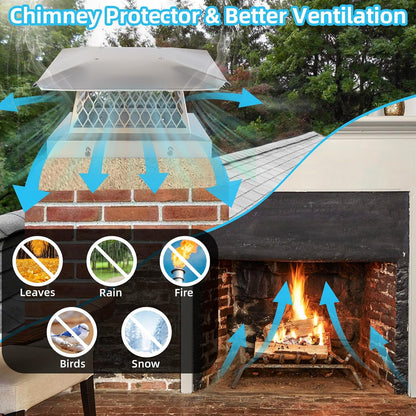 13" x 13" Chimney Cap Fireplace Chimney Cover for Outside Chimney Flue Cap Chimney Flue Cover Chimney Caps for Outside w/ Screen Hood Plate,Stainless Steel Chimney Rain Cap Roof Rain Guard Protector