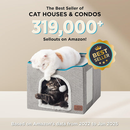 Bedsure Cat House Bed for Indoor Cats, Enclosed Two-Level Cat Cave with Fluffy Hanging Ball and Sisal Scratch Pad, Washable Grey