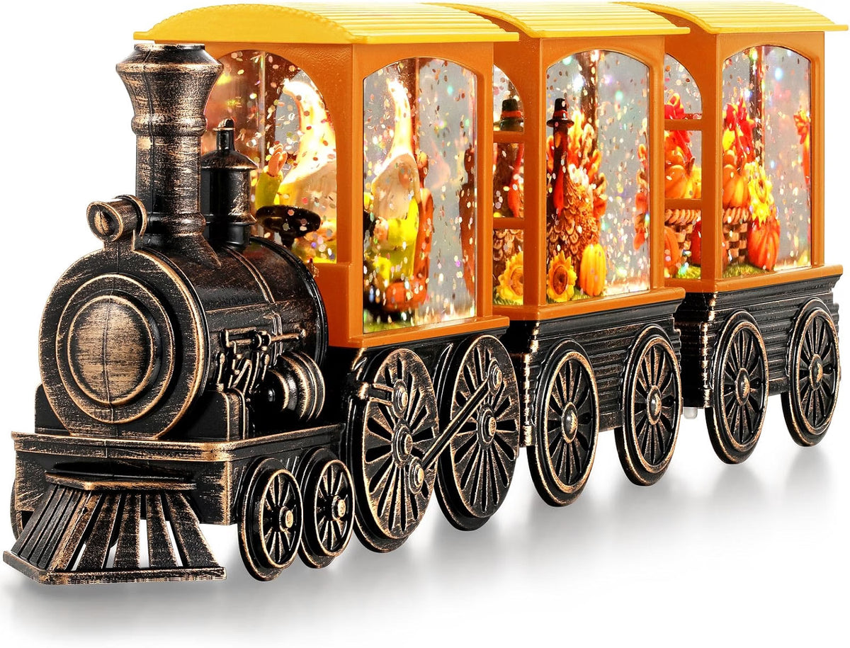 Gorrzai Fall Snow Globe Lantern, Pumpkin Turkey Gnome Train, 6H Timer