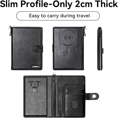 Trackable Passport Holder for Travel, RFID Blocking Wallet, Black Premium Pebbled PU Leather Cover, Works with Apple Find My, Is MFi Certified, for iOS Devices Only, with Card Slots & Lanyard