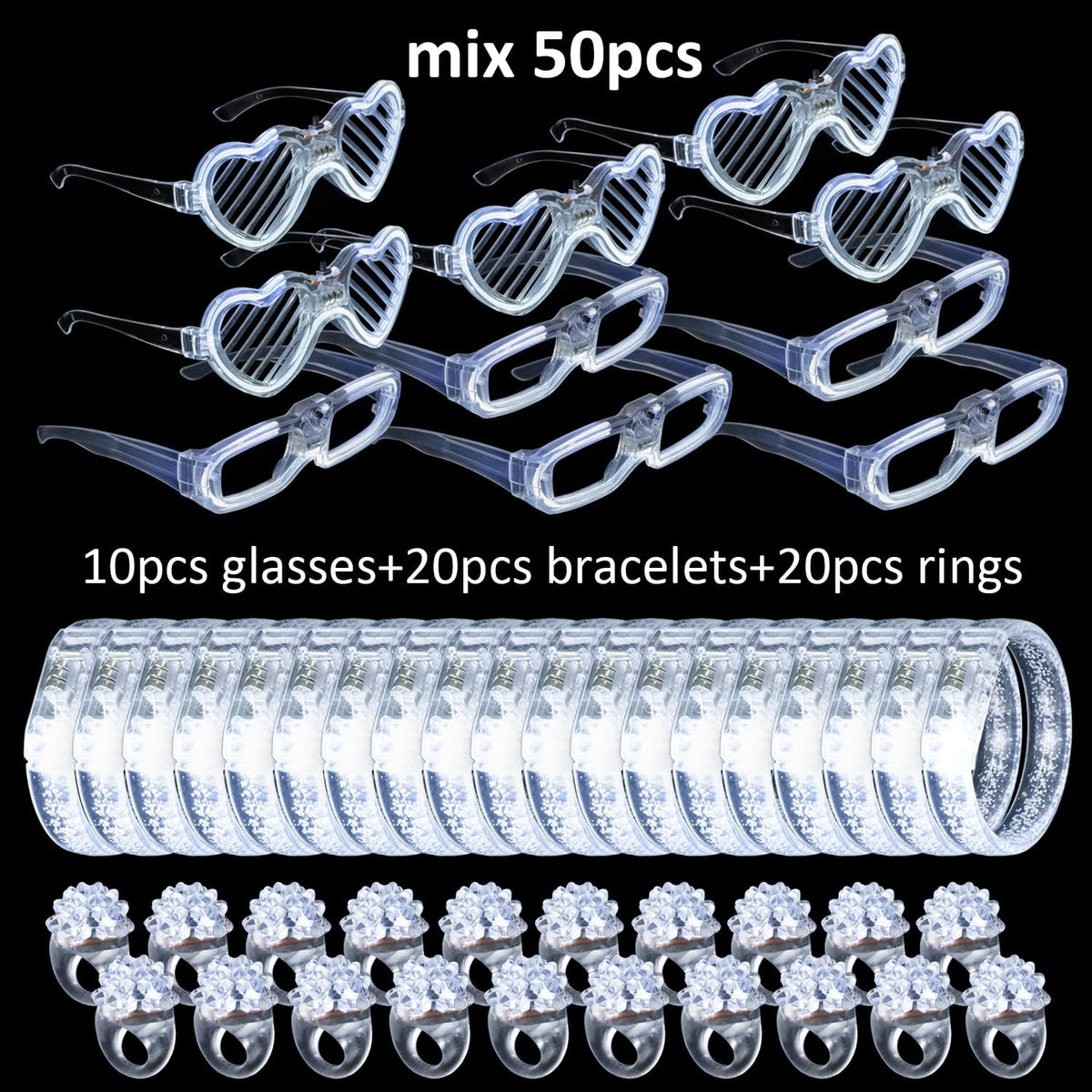 bethmore 50-Piece LED Wedding Party Supplies Set, 10 Flashing Glasses, 20 Light-Up Bracelets & 20 LED Blink Rings, White Love-Themed Glow Party Accessories