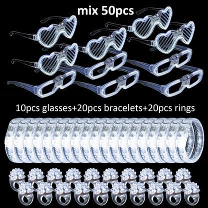 bethmore 50-Piece LED Wedding Party Supplies Set, 10 Flashing Glasses, 20 Light-Up Bracelets & 20 LED Blink Rings, White Love-Themed Glow Party Accessories