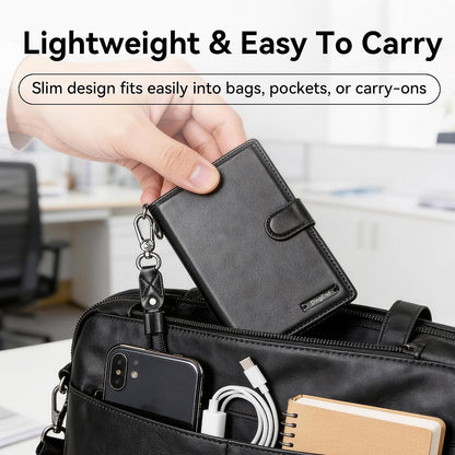 Trackable Passport Holder for Travel, RFID Blocking Wallet, Black Premium Pebbled PU Leather Cover, Works with Apple Find My, Is MFi Certified, for iOS Devices Only, with Card Slots & Lanyard