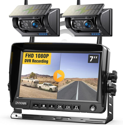 2 Magnetic Solar Wireless Backup Camera with 7" 1080P IPS DVR Monitor 1Min DIY Setup Rechargeable Reverse Camera System for Hitching Gooseneck Horse Trailer Fifth Wheels RV Camper Truck Car AP7-2