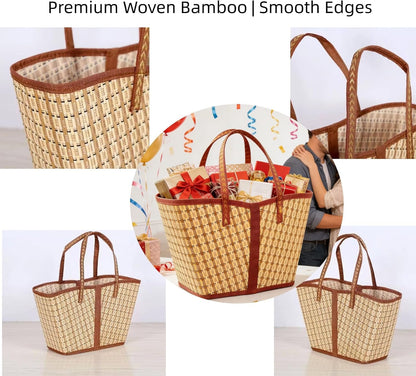 HyperionFlo Essentials 6-Piece Bamboo Gift Basket Set, Large Woven Empty Gift Baskets with Clear Bags, Bows, Cards & Kraft Tags, Khaki