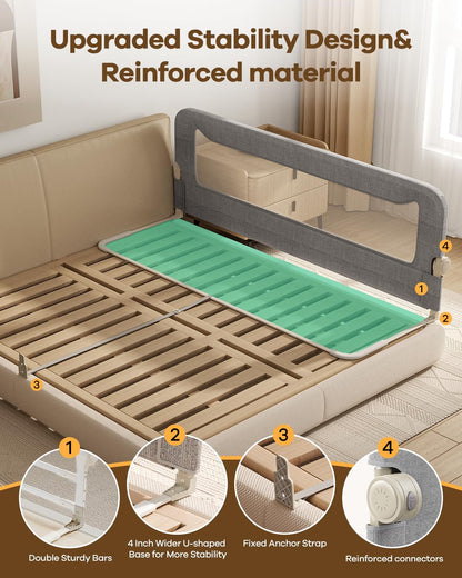 GrowthFun Foldable Bed Rail for Toddlers, 71-Inch Reinforced Carbon Steel Bed Guard with Breathable Oxford Mesh, Adjustable Safety Rail for Twin, Full, Queen & King Beds, Grey