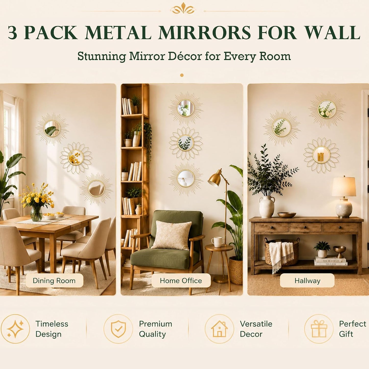 3 Pack Metal Mirrors for Wall Sunburst Wall Mirrors Home Décor Decorative Hanging Wall Art for Living Room Bedroom Entryway (Gold, Flower+Sunburst)