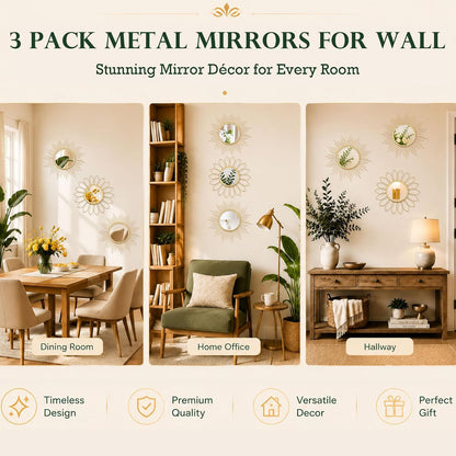 3 Pack Metal Mirrors for Wall Sunburst Wall Mirrors Home Décor Decorative Hanging Wall Art for Living Room Bedroom Entryway (Gold, Flower+Sunburst)