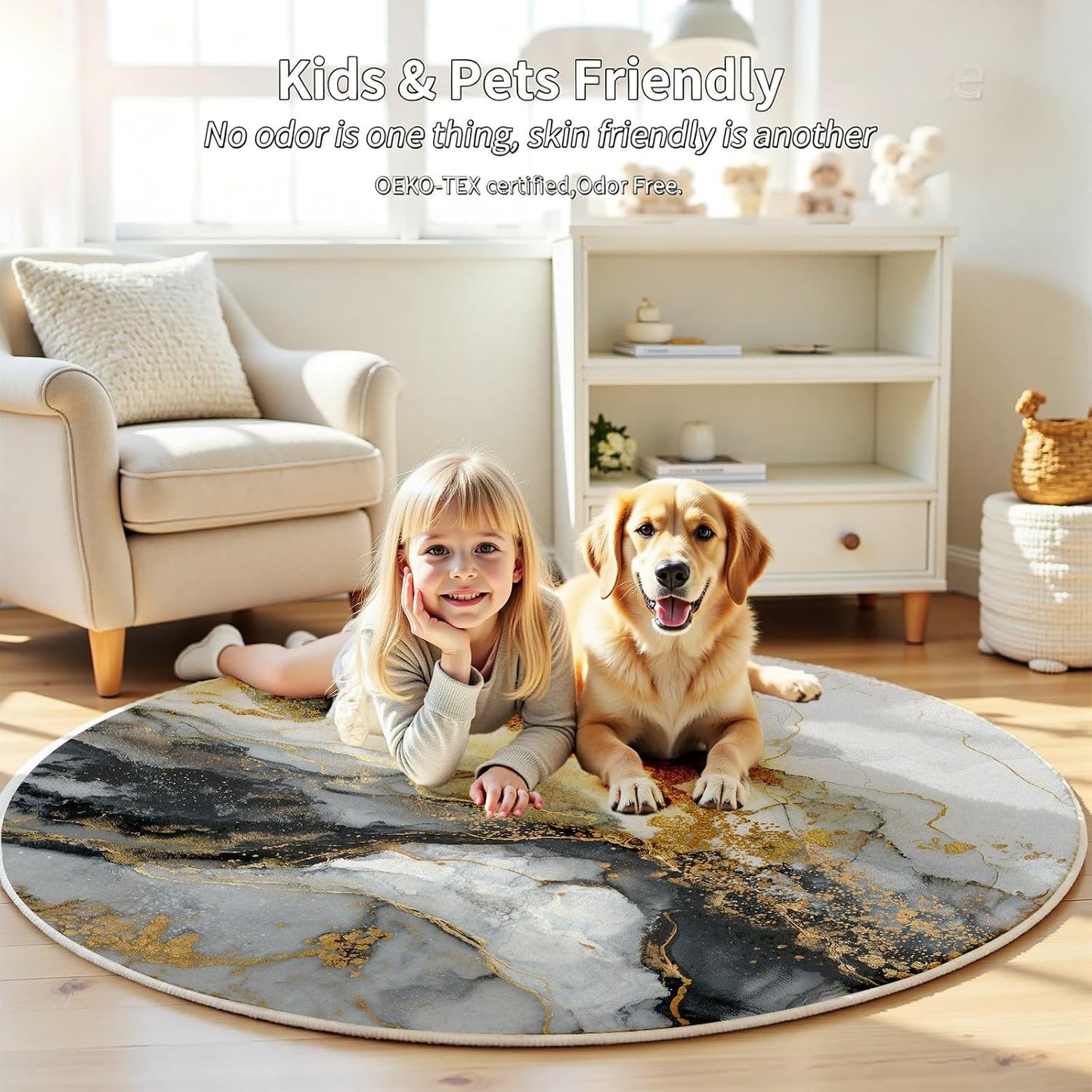 Black Gray Gold Abstract Modern Marble Art Deco Round Rug 10Ft, Washable