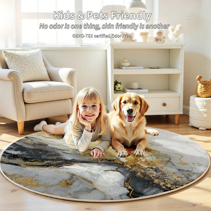 Black Gray Gold Abstract Modern Marble Art Deco Round Rug 10Ft, Washable