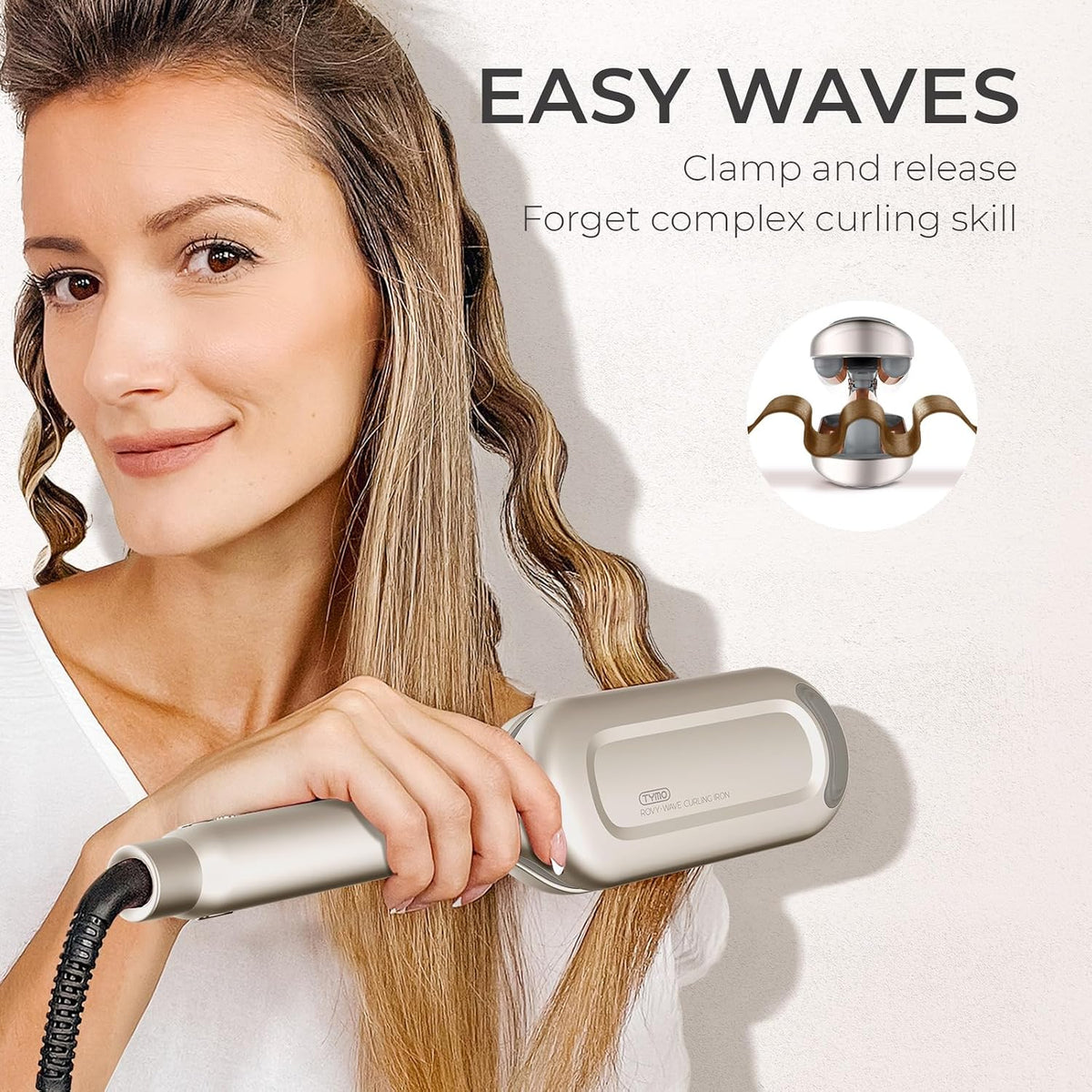 Curling Iron Hair Crimper Waver, TYMO ROVY Beach Waves Hair Curler Ionic Curling Wand, 3 Barrel Crimper Hair Tool for Women, Dual Voltage, Anti-Scald, Easy to Use, Elegant Gold, 1.25 Inch