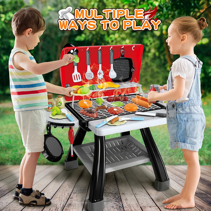 Bstoyder Kids BBQ Grill Playset, 73-Piece Pretend Kitchen Playset with Smoke, Sound & Light, 2-Layer Outdoor Grill Toy with Play Food & Accessories for Toddlers, Red