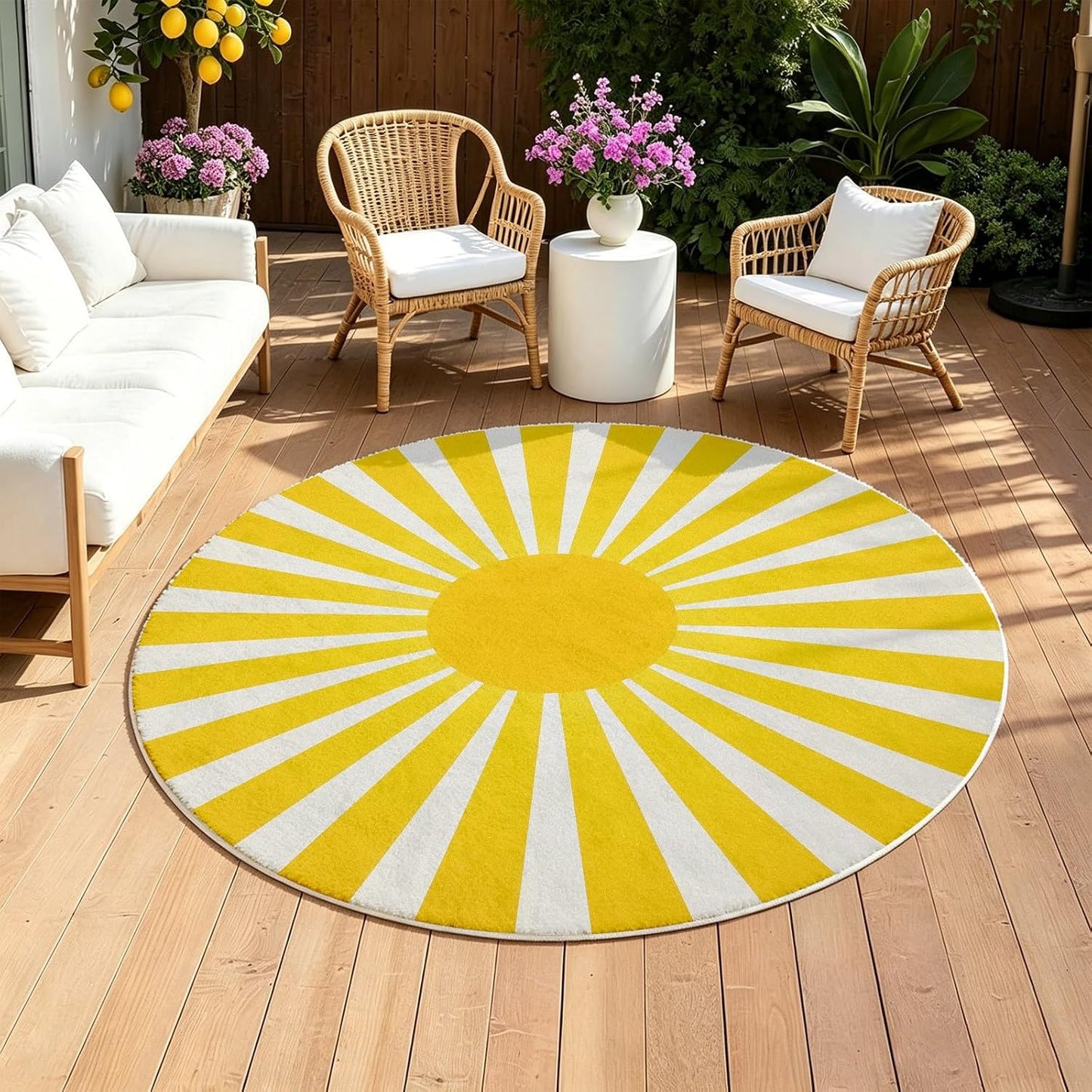 Yellow Rainbow Sun Round Rug 10Ft, Boho Print Circle Area Carpet, Washable