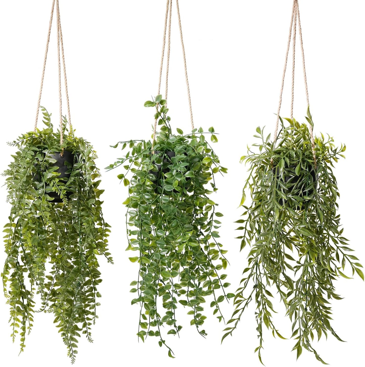 3 Packs Fake Hanging Plants with Black Pots for Wall Decor