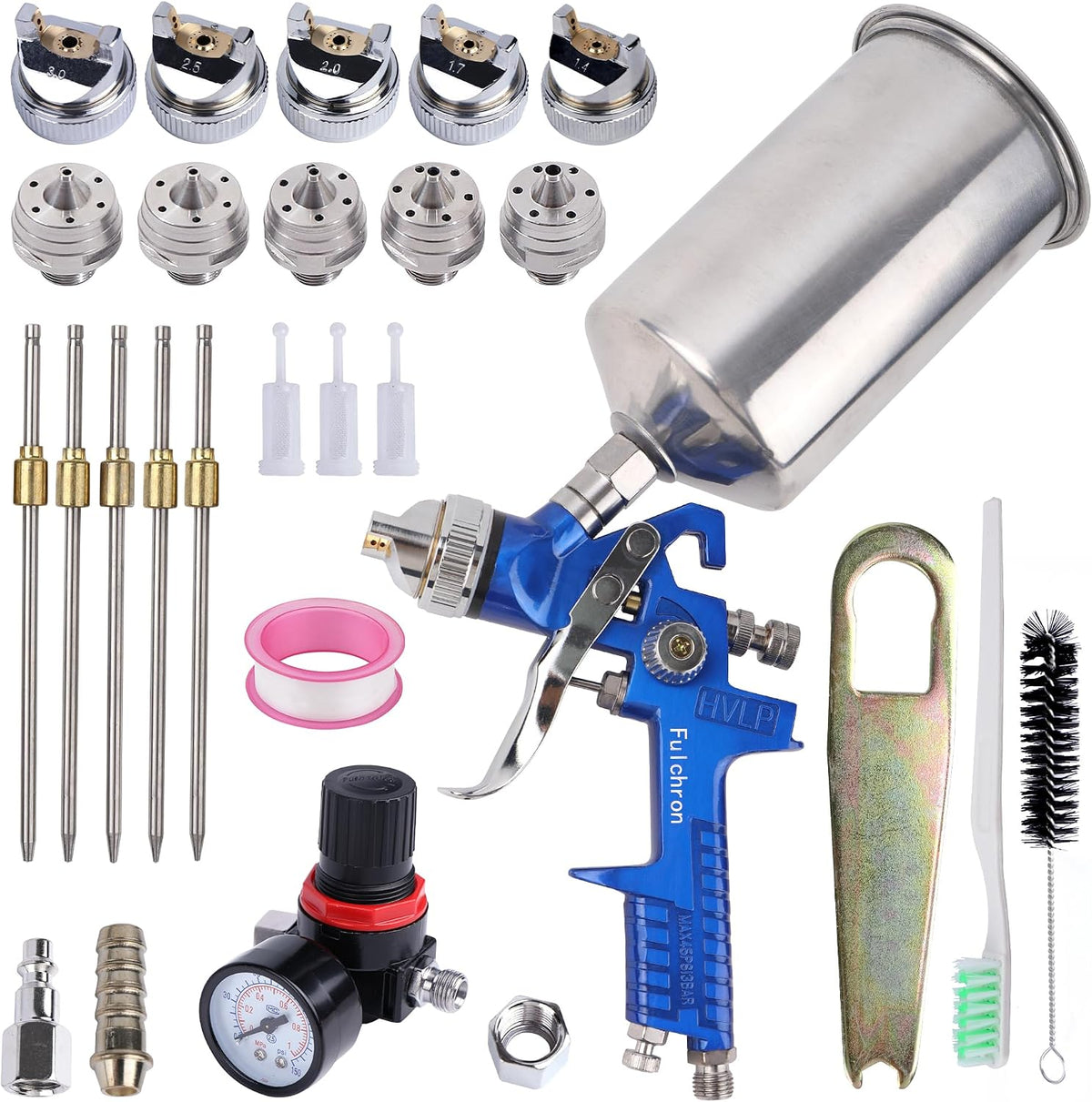 HVLP Spray Gun 1.4/1.7/2.0/2.5/3.0mm Kit with 1000cc Aluminum Cup Gravity Feed Paint Gun Kit with 5 Nozzles, Suitable for Painting Cars, primer, basecoat, Automotive, Furniture. (Blue)