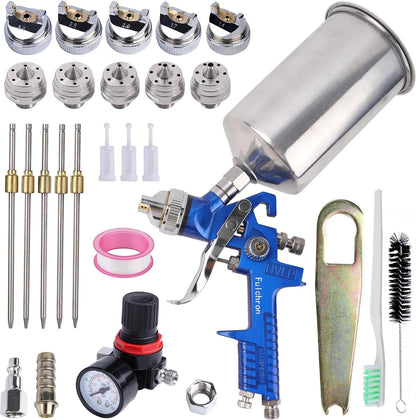 HVLP Spray Gun 1.4/1.7/2.0/2.5/3.0mm Kit with 1000cc Aluminum Cup Gravity Feed Paint Gun Kit with 5 Nozzles, Suitable for Painting Cars, primer, basecoat, Automotive, Furniture. (Blue)