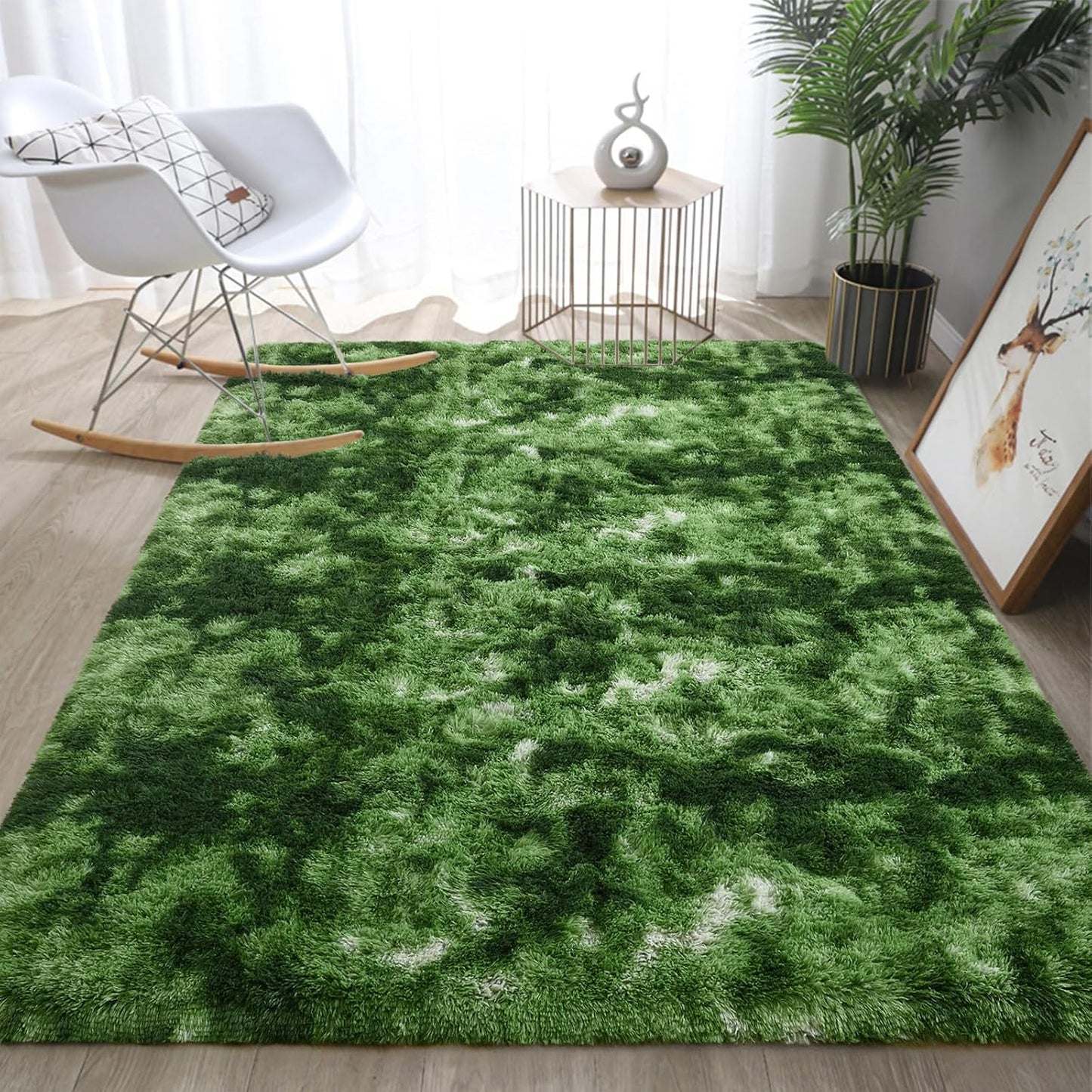 DweIke Fluffy Dark Green Rugs for Bedroom Living Room, 6x9 Large Soft Plush Shaggy Tie-Dyed Forest Moss Green Girls Boys Kids Rug, Non-Slip and Machine Washable Carpet for Dorm Nursery Decor