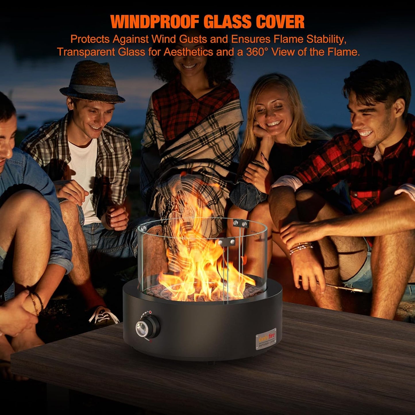 15.7" Gas Fire Pit Bottom-Mounted for Table with Umbrella Hole, FP039 Portable Smokeless Propane Fireplace with Lava Rocks & Glass Shield for Outdoor Patio Backyard Camping RV Tailgating, Round