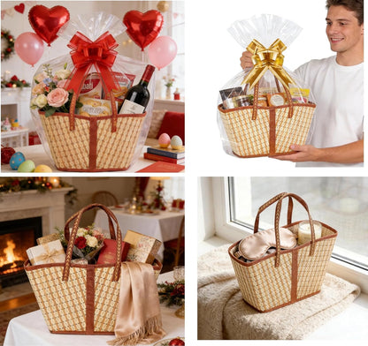 HyperionFlo Essentials 6-Piece Bamboo Gift Basket Set, Large Woven Empty Gift Baskets with Clear Bags, Bows, Cards & Kraft Tags, Khaki