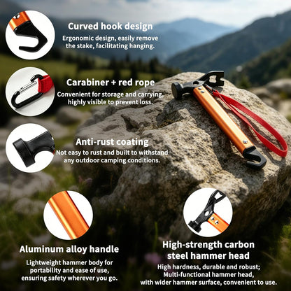 RIY 12" Carbon Steel Aluminum Camping Hammer, Lightweight 3-in-1 Tent Stake Hammer with Stake Puller, Corkscrew & Reflective Cord, Orange