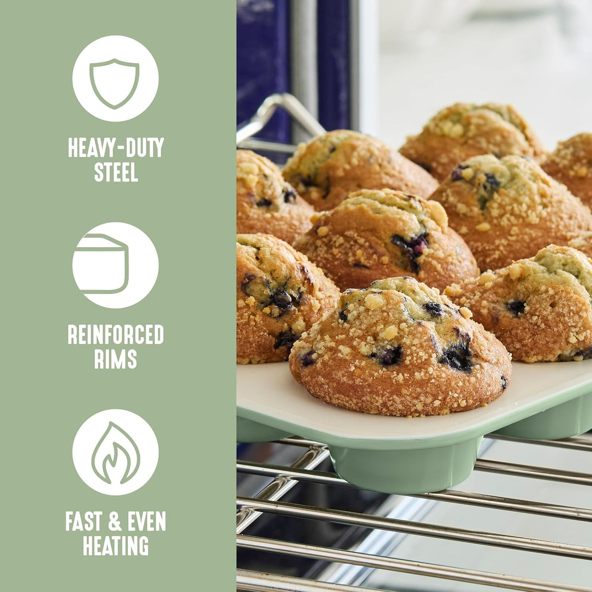 GreenLife 6 Piece Ceramic Nonstick Oven Bakeware Set, Sage PFAS-Free Ceramic Nonstick, Baking Set, Cookie Sheet, Loaf, Cake & Muffin Pans, Easy Release, Dishwasher & Oven Safe to 450F