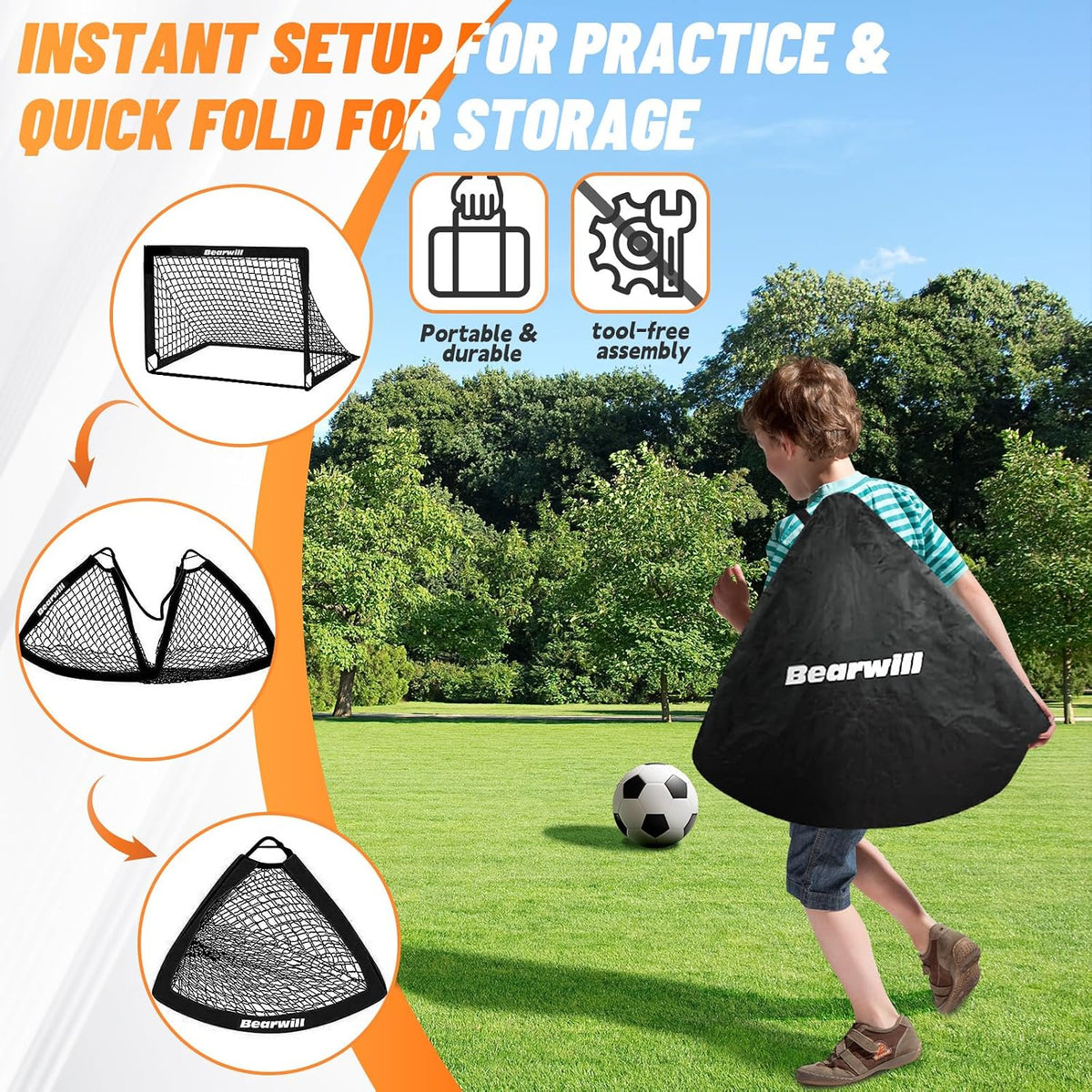 Bearwill Kids Soccer Goal Set of 2, 4 x 3 FT Portable Pop-Up Soccer Goals with Ball, Pump, Agility Ladder, Cones, Targets & Carry Bag