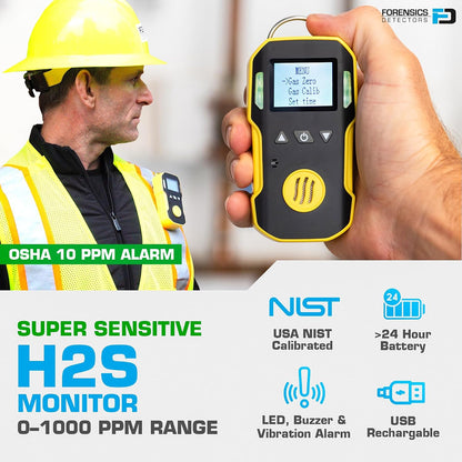 H2S Monitor by Forensics | USA NIST Calibration & Certificate | Dust & Explosion Proof | USB Recharge | Sound, Light and Vibration Alarms | 0-100ppm H2S |